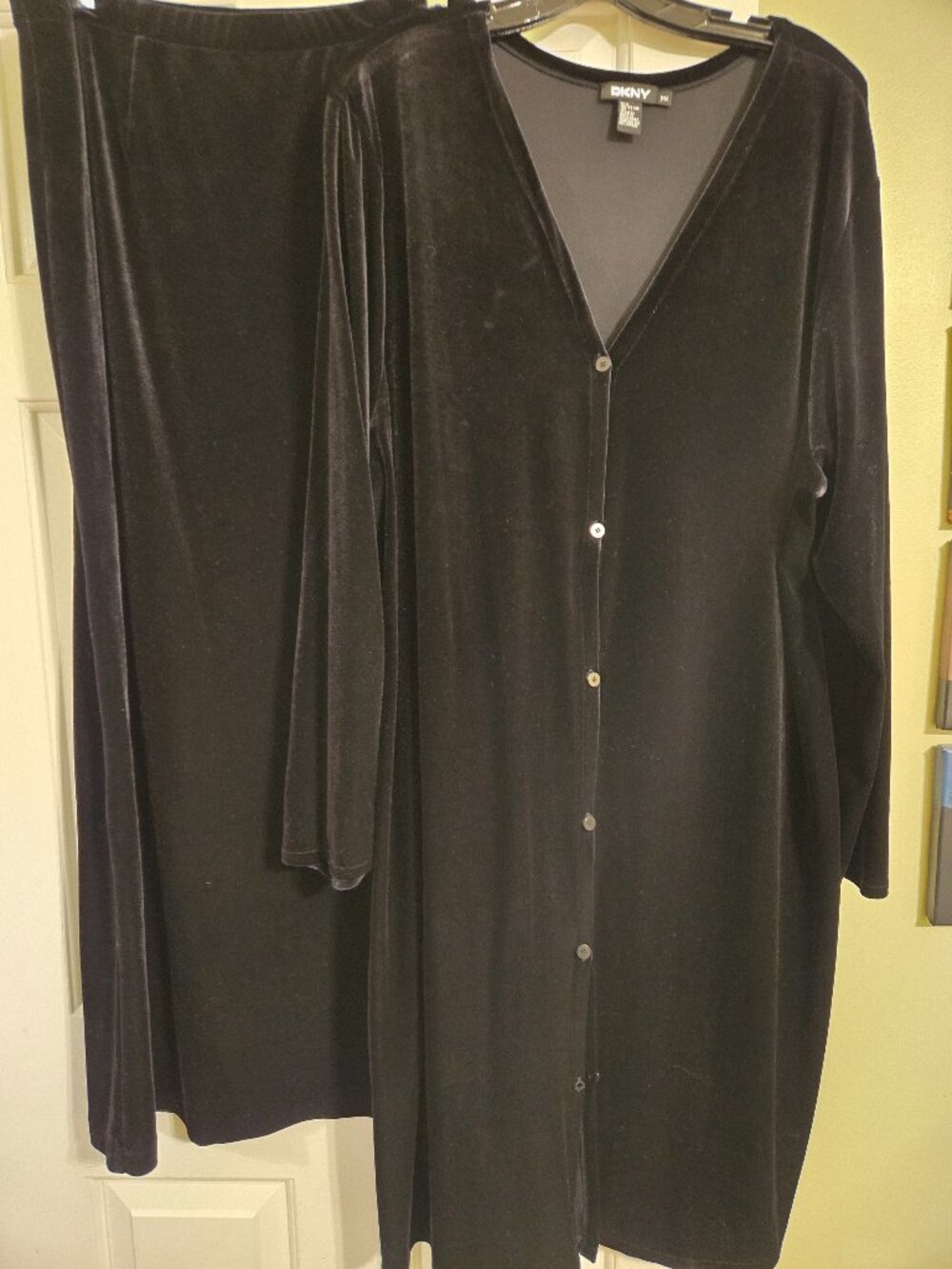 DKNY DONNA KARAN velvet knit long tunic jacket and maxi skirt set